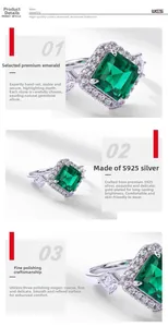 Macro shot of S925 sterling silver ring featuring emerald-cut gemstone and pavé settings