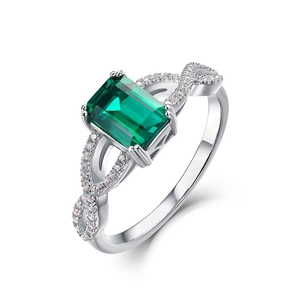 Vintage emerald cut green gem ring with twisted diamond band in S925 sterling silver