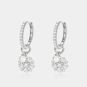 Elegant 925 Sterling Silver Earring Post Snowflake Shell Artificial Pearl Dangle Earrings Two-Way Wear Zirconia Drop Earrings For Women