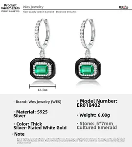Macro shot of S925 silver earring featuring 5x7mm emerald and black enamel border
