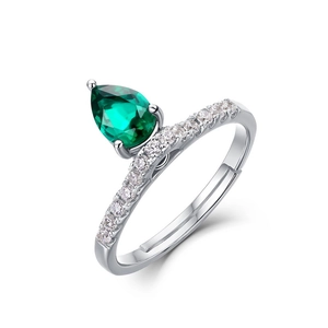 Pear-cut emerald silver ring with micro-paved white stones and adjustable open band
