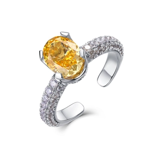 Adjustable S925 silver ring with large oval yellow stone and double pavé diamond accents