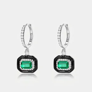 Vintage 925 Sterling Silver Drop Earrings For Women Elegant Lab-Created Emerald Rhinestone Black Enamel Geometric Earrings