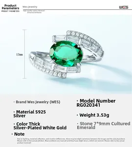 Macro detail of S925 silver ring with 7x9mm emerald gemstone and side accents