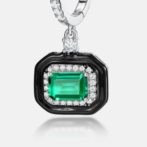 Luxurious S925 silver emerald cut green stone earrings with black enamel and zircons