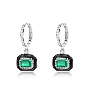 Elegant S925 silver drop earrings with emerald-cut green stone and black enamel
