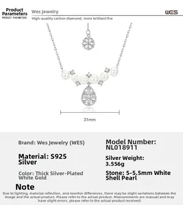 Detail view of S925 silver snowflake necklace with 31mm pendant and 5.5mm shell pearl