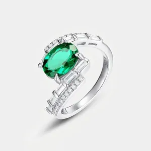 S925 Sterling Silver Lab-Grown Emerald Ring Oval Green Gemstone Pave Zirconia Luxury Finger Ring For Women Vintage Style