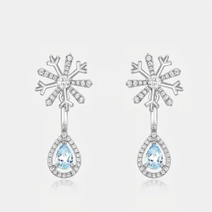 S925 Sterling Silver Snowflake Stud Earrings With Sky Blue Topaz And Zirconia Two-Way Wear Fashion Jewelry For Women
