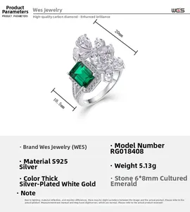 Macro detail of S925 silver ring featuring a 6x8mm emerald and petal-shaped carbon diamonds