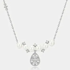 925 Sterling Silver Snowflake Waterdrop Pendant Necklace With White Shell Artificial Pearls And Sparkling Zirconia Elegant Jewelry