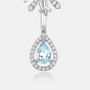 S925 silver snowflake earrings with light blue pear-cut topaz stone and diamond halo