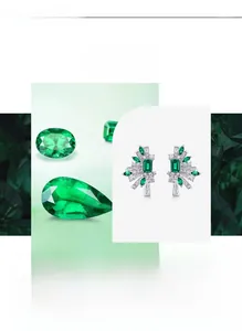 Macro shot of silver fan-shaped earrings with emerald green stones and white zircons