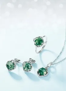Detail of green moss agate jewelry set including ring, earrings, and necklace in S925 silver