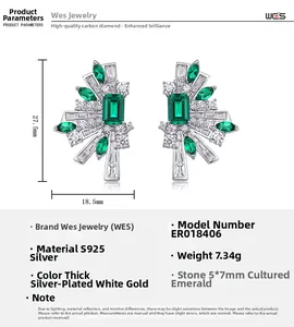 Detail showing S925 silver fan earrings with 5x7mm emerald gems and size dimensions