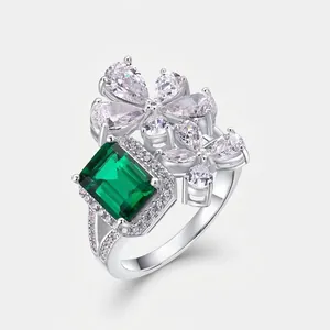 Vintage 925 Sterling Silver Lab-Created Emerald Flower Ring For Women Retro Floral Rhinestone Inlaid Statement Luxury Jewelry