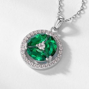 S925 silver necklace with geometric lab emerald flower pendant and white micro-pave stones