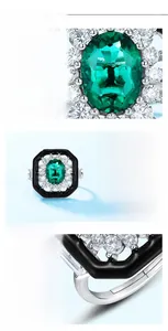 Macro detail of S925 silver ring featuring emerald cut green gemstone with zircon halo