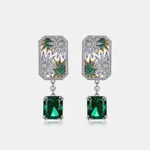 Vintage 925 Sterlingsilber Smaragdschliff Im Labor Gezüchteter Smaragd Ohrstecker Mit Zirkonia Emaille Geometrischer Hohler Schmuck Für Damen