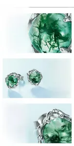 Detailed macro view of S925 sterling silver earrings with green moss agate inlay details