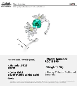 Vue détaillée d'une bague en argent S925 avec émeraude de labo 6x6mm et fleurs
