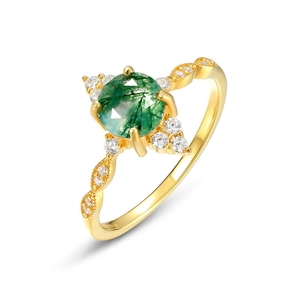 Vintage gold S925 silver ring featuring round green moss agate with sparkling accents