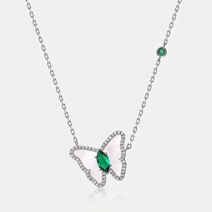 Butterfly Pendant Necklace 925 Sterling Silver White Mother Of Artificial Pearl Lab Grown Emerald Elegant Vintage For Women