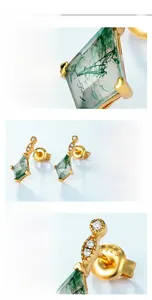 Macro shot of geometric moss agate earrings in gold plated S925 silver with white zircons