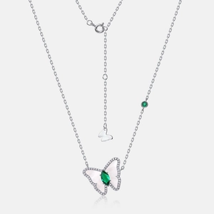 S925 silver butterfly necklace featuring white shell wings and emerald green gemstones