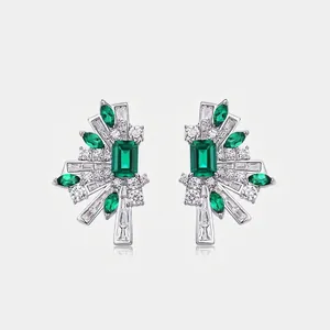 925 Sterling Silver Lab-Grown Emerald Stud Earrings Vintage Geometric Fan Shape Zirconia Earrings For Women Wedding Party Jewelry