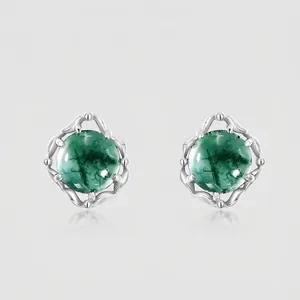 Natural Moss Agate Stud Earrings 925 Sterling Silver Elegant Green Round Stone Ear Piercing Jewelry For Women Fashion Commuter Accessoriy