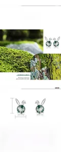 Detailed size chart showing S925 silver rabbit earrings with green moss agate stones