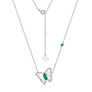 S925 silver butterfly necklace with white shell, emerald stone and adjustable chain