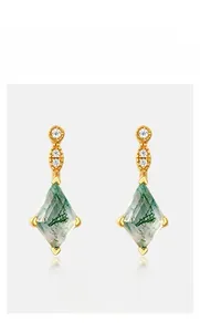 Close-up of kite-cut green moss agate earrings with three white zircon stone accents
