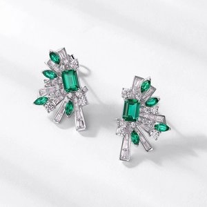 Art Deco emerald cut fan earrings with marquise green stones and zircon accents