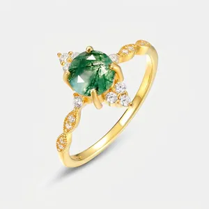 Vintage 925 Sterling Silver Green Moss Agate Ring For Women Gold Plated Zirconia Inlaid Round Gemstone Ring Fashion Jewelry