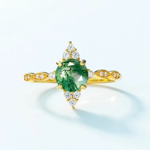 Vintage gold S925 silver moss agate ring with twisted band and diamond accents
