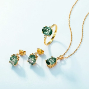 S925 silver gold-plated moss agate jewelry set including ring, earrings and necklace