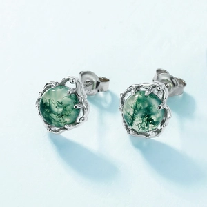 Elegant S925 sterling silver stud earrings featuring green moss agate in floral claw setting