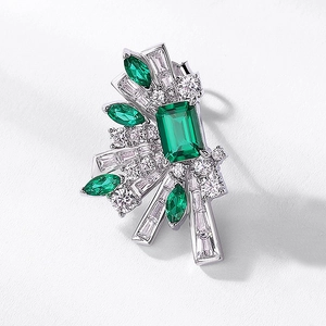S925 silver fan-shaped stud earrings with emerald cut green stone and diamond accents