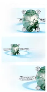 Macro detail of moss agate ring showing the oval gemstone and S925 silver setting