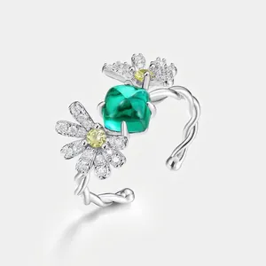 Bague Ouverte Fleur en Argent Sterling 925 Vintage pour Femmes Émeraude de Laboratoire Incrustée Strass Floral Bague Réglable