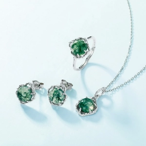 S925 silver jewelry set with irregular moss agate earrings, ring and pendant necklace