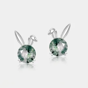Cute 925 Sterling Silver Rabbit Ear Moss Agate Stud Earrings Natural Green Stone Forest Style Animal Jewelry For Women