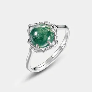 Vintage 925 Sterling Silver Natural Moss Agate Open Ring For Women Green Water Agate Adjustable Finger Ring Fashion Jewelry