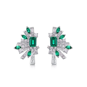 Vintage geometric fan earrings with S925 silver, emerald stones and white zircons