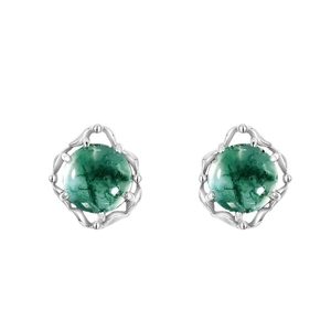 Elegant S925 silver stud earrings featuring round green moss agate in hollow petal settings