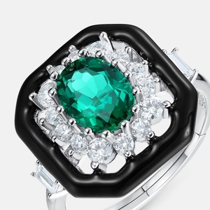 Art Deco S925 silver sunflower ring with oval emerald gemstone and halo diamonds