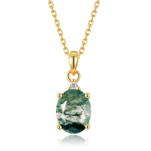 Elegant gold oval green moss agate pendant necklace with white gemstone accent