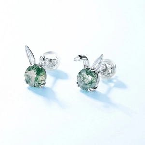 Cute bunny ear S925 silver stud earrings with natural green moss agate stones